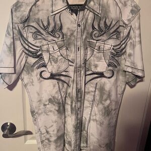 Gray and Black Graphic Button-Up Shirt